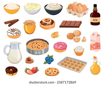 set of baking ingredients and baking cookies and pie. Cartoon vector illustration 