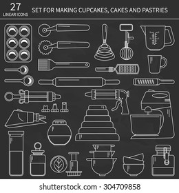 Set of baking ingredients for design menus, recipes. Vector Illustration. Black background.