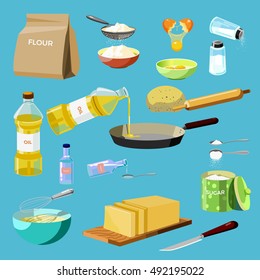 Set of baking ingredients and kitchen tools. baking ingredient Cooking culinary food icons: flour, eggs, salt, oil, water, butter and sugar. Cartoon style. Vector illustration isolated on white