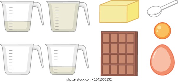 Set of baking ingredients and measuring cups on white background illustration