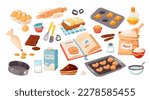A set of baking ingredients. Products and kitchen tools for cooking baking recipes. Cartoon vector illustration
