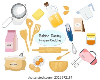 Conjunto de ingredientes de cocción, productos y herramientas de cocina para cada receta de cocción - ilustración vectorial.