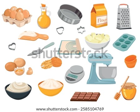 set of baking ingredients. Products and kitchen tools for cooking baking recipes. Cartoon vector illustration 