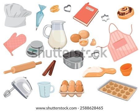 set of baking ingredients. Products and kitchen tools for cooking baking recipes. Cartoon vector illustration 
