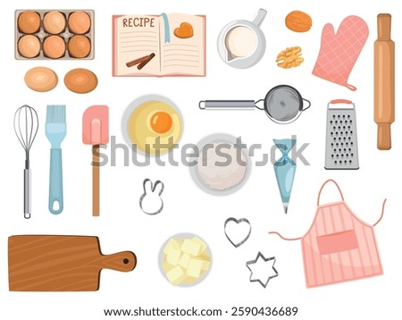 set of baking ingredients. Products and kitchen tools for cooking baking recipes. Cartoon vector illustration 