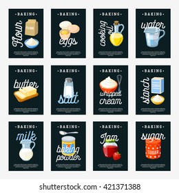 Set of baking ingredients tags - flour/eggs/cooking oil/water/butter/salt/cream/starch/milk/baking powder/jam/sugar. Chalkboard design template labels. Vector illustration, isolated on white.