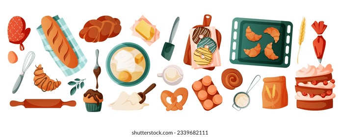 Set of baking ingredients, tools, utensils. Kitchen supplies, bakery stuff for homemade cooking. Flour, whisk, butter, milk. Bread, croissants, pretzel, cake, donut, cupcake pastry products. Vector