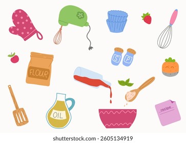 Set baking ingredients and utensils. Flour bag, oil bottle, mixer, whisk, spatula, spoon, mitten, strawberries, persimmon, cupcakes, sugar, salt, milk, and pouring liquid elements are featured
