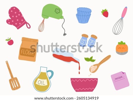 Set baking ingredients and utensils. Flour bag, oil bottle, mixer, whisk, spatula, spoon, mitten, strawberries, persimmon, cupcakes, sugar, salt, milk, and pouring liquid elements are featured