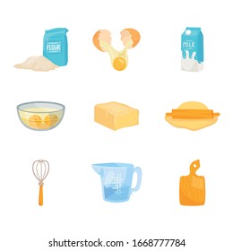 Set of baking ingredients vector illustration isolated on white background. Flour, broken egg, milk, eggs in bowl, butter, dough and rolling pin, whisk, board, beaker. Preparing food cartoon elements.
