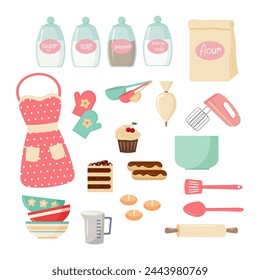 Set of baking items. Spices in jars, flour in a bag. Mixer and pastry bag. Measuring spoons, rolling pin and pastry spatulas. Apron and potholders. Confectionery - buns and eclairs, cake and muffin