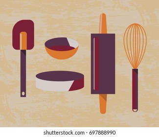 Set of baking items. Vector illustration. Various baking items on textured background