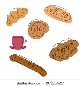 Set of baking objects with baguette, loaf, pretzel, croissant and mug. Hand drawn sketch with watercolor splash 