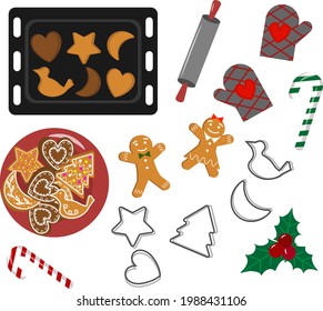 Set with baking sheets, gingerbread cookies, pot holders and a rolling pin. Gingerbread cookie recipe for menu, cafe. Vector illustration. For creating prints, cards, invitations, banners, price tags