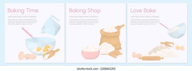 Set of baking template. The process of baking bakery with kitchen utensils, ingredients, and text.