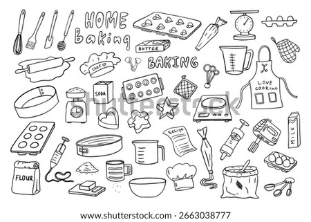 Set of baking theme. Confectionery. Kitchen tools, kitchenware, kitchen equipments in doodle style. Love cooking. Home baking. Vector illustration for restaurant menu, recipe book and wallpaper.
