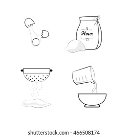 Set of baking tool and ingredients. Vector illustration of various baking items isolated on white background. Icons and elements. Broken Egg, sift the flour through a sieve, measuring cup, flour bag. 