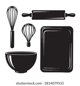 Set of baking tool silhouettes: rolling pin, whisk, mixing bowl, and rectangular baking pan. Ideal for recipes, cookbooks, kitchen decor, and baking-related websites. Hand-drawn style, simple icons.