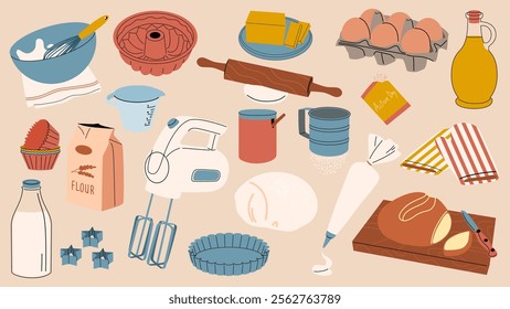 A set of baking tools and ingredients. Kitchen utensils and kitchenware.