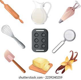 Set of baking tools. Kitchenware, cooking baking utensil.  Desserts, pastry dishes, ingredients for baking items. Whisk, spatulas, steiner, vanilla, pasrty bag, mwasuring spoons. Vector illustration