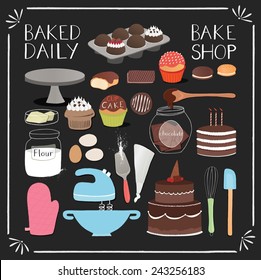 Set of baking tools and pastry foods.