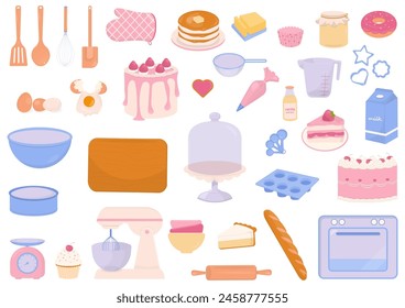 A set of baking utensils, bakery ingredients, and cake design elements on a white background.