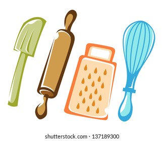 Set Of Baking Utensils In Full Color, Vector Illustration