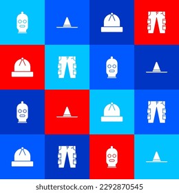 Indique Balaclava, sombrero de obrero de jardinero, icono de pantalones de invierno y de carga. Vector