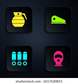 Set Balaclava, Hand grenade, Bullet and Military beret. Black square button. Vector
