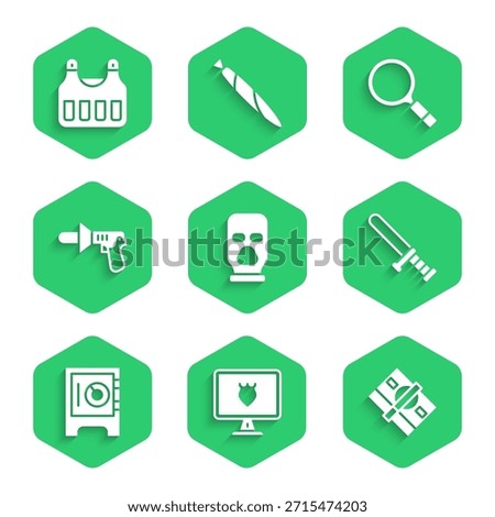 Set Balaclava, Police database, Stacks paper money cash, rubber baton, Safe, megaphone, Magnifying glass with search and Bulletproof vest icon. Vector