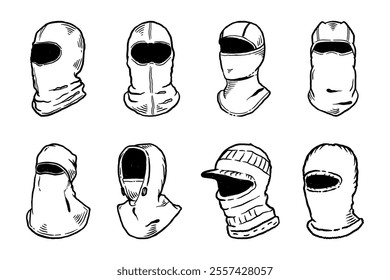 Set of Balaclava Winter Face Mask, hand drawn line sketch vector illustration