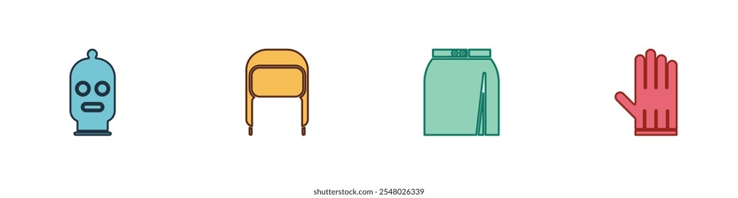 Set Balaclava, Winter hat with ear flaps, Skirt and Leather glove icon. Vector
