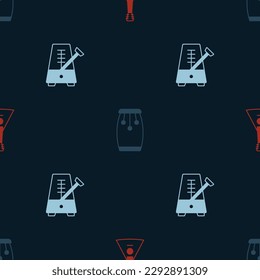 Set Balalaika, Conga drums and Metronome with pendulum on seamless pattern. Vector