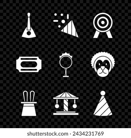 Set Balalaika, Festive confetti, Target, Magician hat and rabbit ears, Attraction carousel, Party, Circus ticket and fire hoop icon. Vector