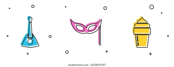 Set Balalaika, Festive mask and Ice cream icon. Vector