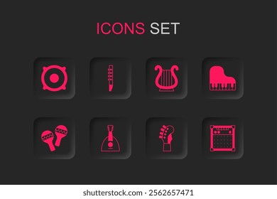 Set Balalaika, Flute, Stereo speaker, Guitar neck, Grand piano, amplifier, Ancient Greek lyre and Maracas icon. Vector