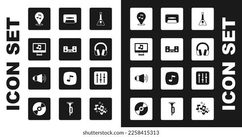 Set Balalaika, Home stereo with two speakers, Computer music note, Location musical, Headphones, Retro audio cassette tape, Sound mixer controller and Megaphone icon. Vector
