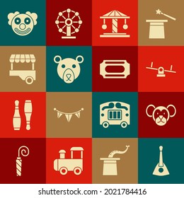 Set Balalaika, Monkey, Seesaw, Attraction carousel, Bear head, Fast street food cart, Clown and Circus ticket icon. Vector