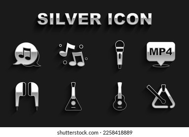 Set Balalaika, MP4 file document, Triangle musical instrument, Guitar, Air headphones, Microphone, Music note, tone and  icon. Vector