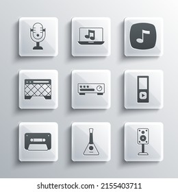 Set Balalaika, Stereo speaker, Music player, Sound mixer controller, Retro audio cassette tape, Guitar amplifier, Microphone and note, tone icon. Vector