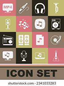 Set Balalaika, Vinyl player, Guitar amplifier, Headphones, Music note, tone, Stereo speaker, MP4 file document and  icon. Vector