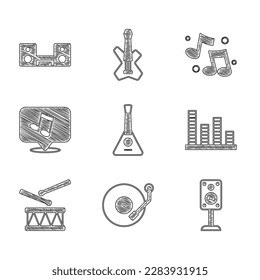 Set Balalaika, Vinyl player, Stereo speaker, Music equalizer, Drum with drum sticks, note, tone,  and Home stereo two speakers icon. Vector