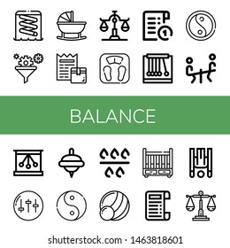 Set of balance icons such as Slider, Filter, Cradle, Receipt, Scale, Bathroom scale, Pendulum, Yin yang, Seesaw, Newtons cradle, Equalizer, Spinning top, Ying yang, Medicine ball , balance