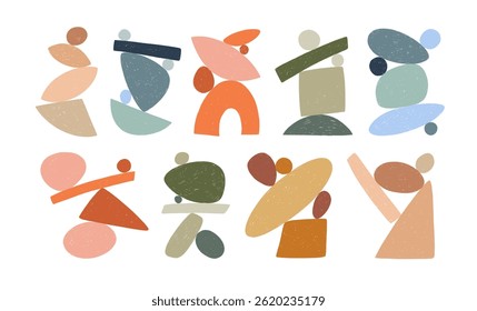 Set of balance stones, pebbles and crayon drawn geometric shapes. Hand drawn vector contemporary shapes, kid's figures. Funky pastel colored geometric balancing shapes. Vector texture figures.