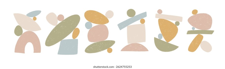 Set of balance stones, pebbles and crayon drawn geometric shapes. Hand drawn vector contemporary shapes, kid's figures. Funky pastel colored geometric balancing shapes. Vector texture figures.