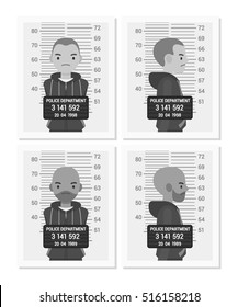 Set Of Balck And White Male Mugshots Taken After Arrest. Cartoon Vector Flat-style Concept Illustration