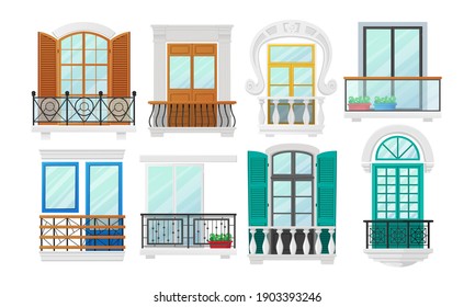 Set of Balconies with Windows with Wooden Shutters and Metal Forged or Marble Balusters. Classic Construction Architecture Exterior Decor. Vintage Building Facade Elements. Cartoon Vector Illustration