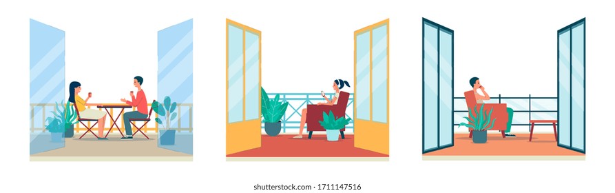 Set of balcony or home patio, apartment open terrace interior with resting people cartoon characters, flat vector illustration isolated on white background.