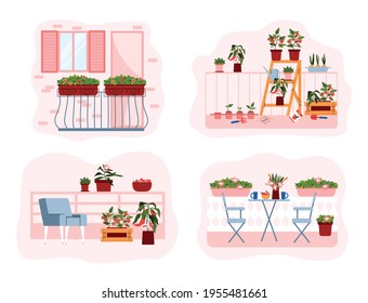 Set of balcony interiors with plants cartoon vector illustration isolated.