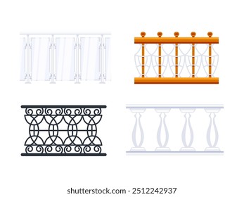 Conjunto de barandilla de balcón está mostrando diferentes diseños y materiales utilizando estilo plano